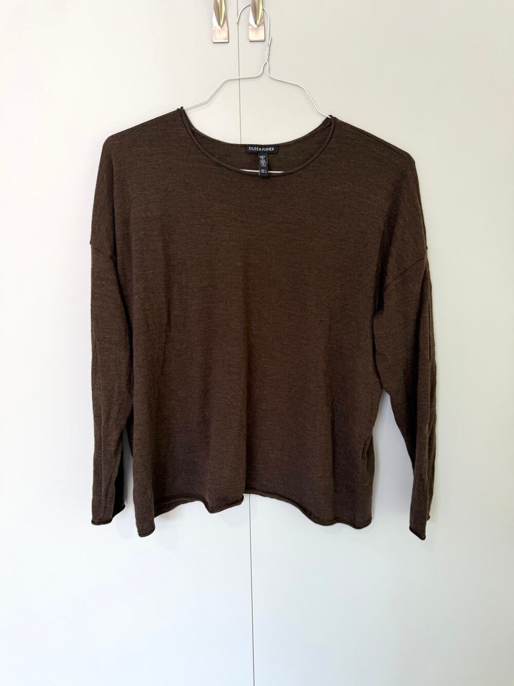 EILEEN FISHER Women's Superfine Merino Wool Lightweight Sweater Top in Brown